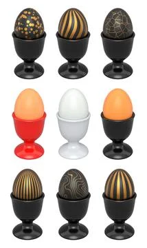 Elegant black eggs with gold patterns in glossy black egg cups, isolated on w Illustrazione stock