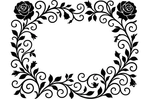 Elegant black rose and scrollwork floral border design 库存插图
