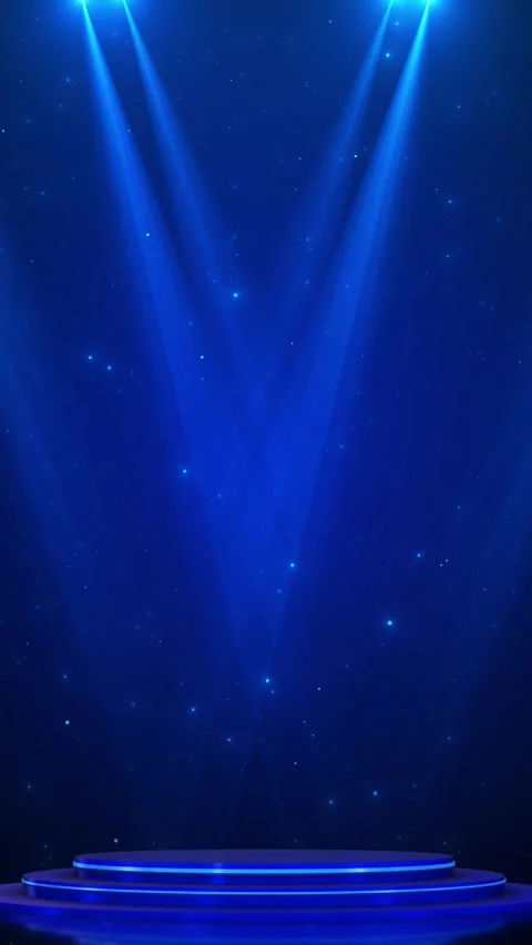 Elegant blue event podium bright overhead spotlights, glowing round platform, an Stock Footage 340471978