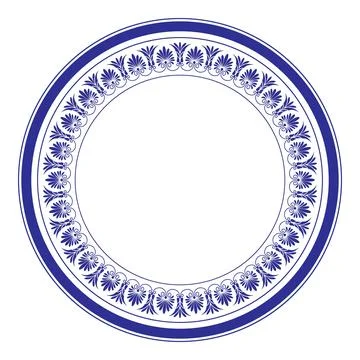 Elegant blue white circular frame featuring traditional Greek key palmette motif Stock Illustration