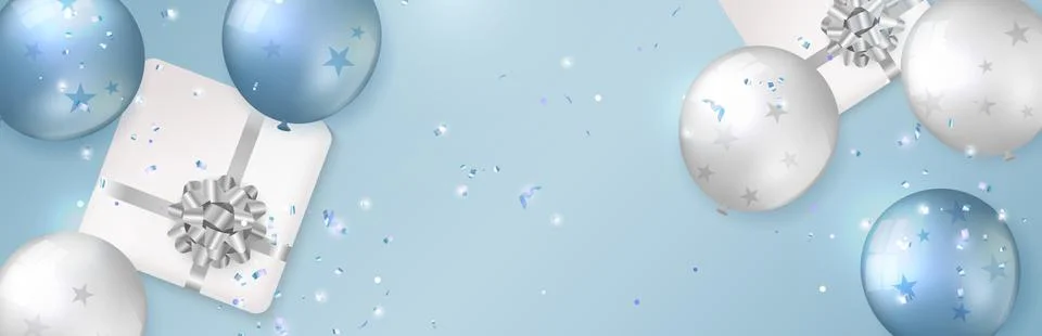 Elegant blue white silver ballon and present gift box with flower ribbon Happ Stock Illustration