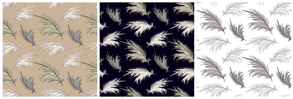 Elegant Boho Feather Patterns in Neutral, Dark, and Light Tones Seamless Decor Stock Illustration