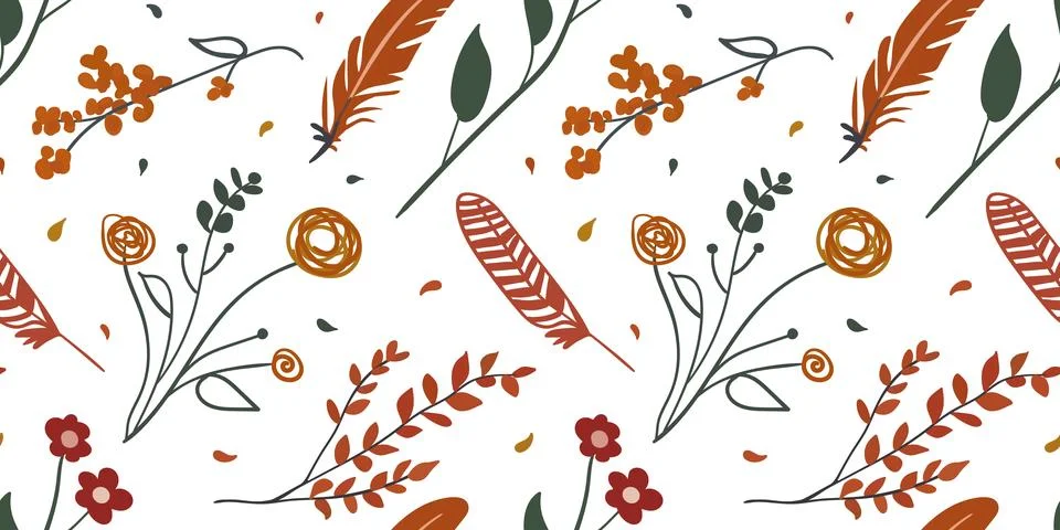 Elegant boho seamless pattern with hand-drawn flowers, feathers, and branch.. Stock Illustration