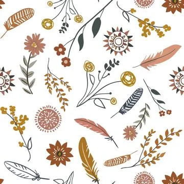 Elegant boho seamless pattern with pastel flowers, feathers, and branches o.. Stock Illustration