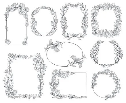 Elegant botanical frames. Different shapes borders, floral branches, vintage Illustrazione stock