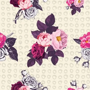 Elegant botanical seamless pattern with pink and unpainted roses on yellow .. Stock Illustration