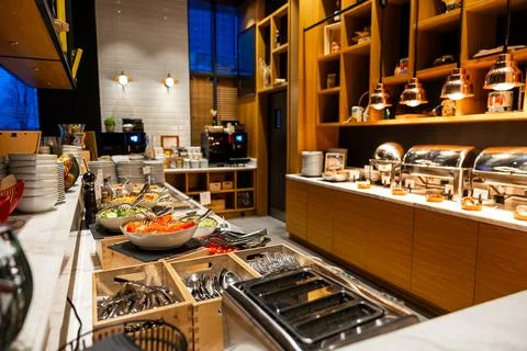Elegant Breakfast Buffet Spread with Assorted Dishes Stock Photos