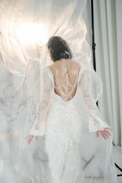 Elegant bride standing back to camera in a lace wedding dress with a long train. Stock Photos