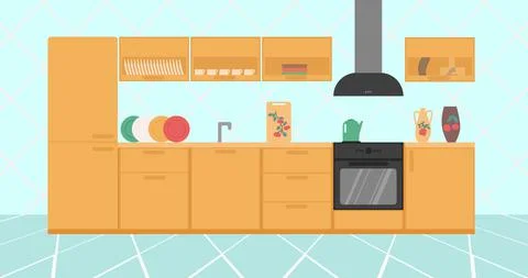 Elegant bright kitchen interior with cookware and equipment. Colorful vector Stock Illustration