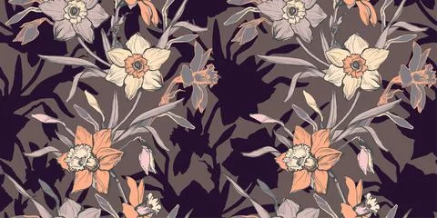 Elegant brown seamless pattern with realistic hand drawn flowers daffodils. Stock Illustration