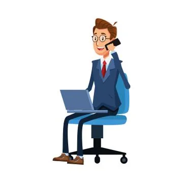 Elegant businessman calling with smartphone using laptop seated in chair 스톡 일러스트
