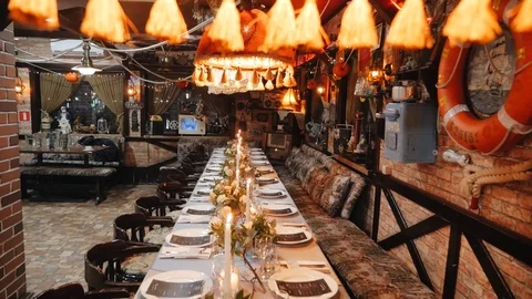 Elegant candlelight dinner table setting at reception Stock Footage 124695766