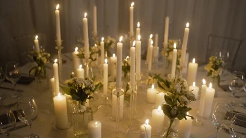 Elegant Candlelit Dinner Table Setting at Wedding Reception Stock Footage 337132873