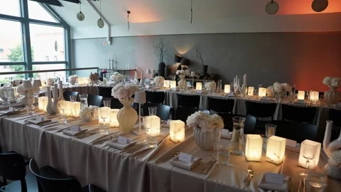 Elegant Candlelit Table Setting for Modern Event or Wedding Reception Stock Footage 337435161