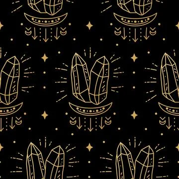 Elegant celestial crystal seamless pattern. Boho background with magic elements Illustrazione stock