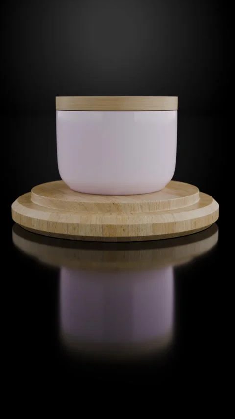 Elegant Ceramic Container With Bamboo Lid on Polished Wooden Base Dark Setting Stock Footage 314781145