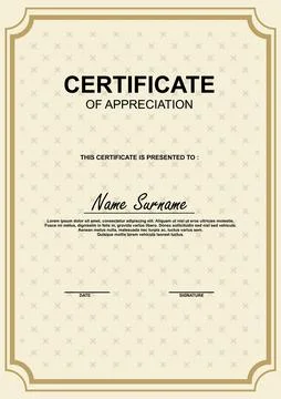 Elegant certificate of appreciation template with classic border, beige pat.. Illustrazione stock