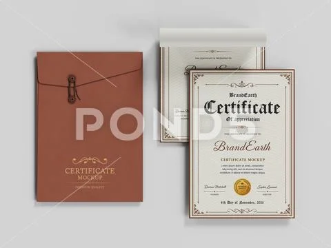 Elegant Certificate Mockup with Brown String Closure Envelope on Gray Background PSD Template
