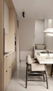 Elegant chic kitchen interior with natural materials. Wooden cabinet, ceiling Illustrazione stock