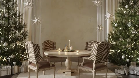 Elegant Christmas dining setting enhanced with festive decor, ornaments, and Stock Footage 282678439