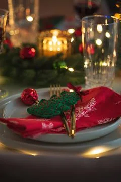 Elegant Christmas Dinner Table Setting Festive Celebration Romantic Evening.. Stock Photos