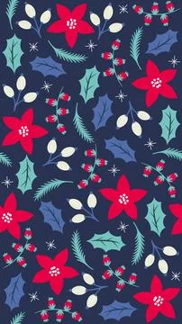 Elegant Christmas Seamless Pattern with Red Floral Elements Holly Leaves an.. Stock Illustration