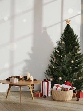 Elegant Christmas Setting with Tree and Gifts 3D Render. Stock Illustration