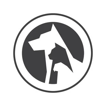An elegant circular vector logo featuring minimalist silhouettes of a dog, ca Stock Illustration