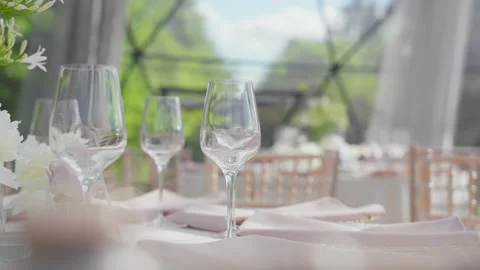 Elegant Close-up of Wedding Table Setting with Glassware in Sunlit Garden Venue Stock Footage 336385449
