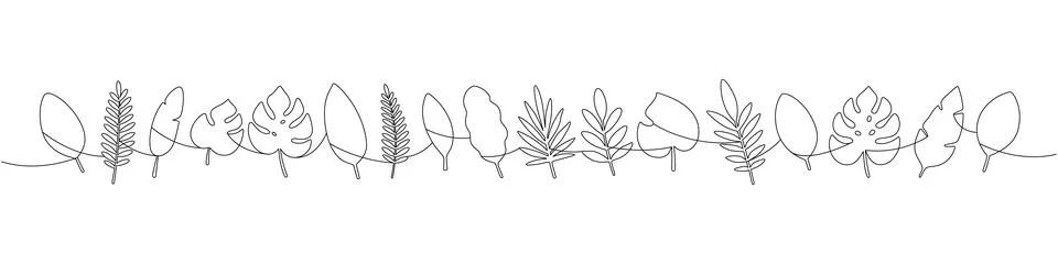 Elegant continuous line art of assorted tropical leaves. Simple botanical イラスト素材