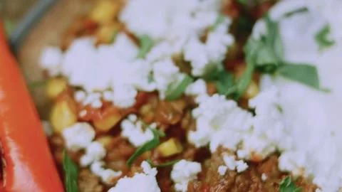 Elegant cooking view of overhead Mexican breakfast on a rustic table Stock Footage 342152995