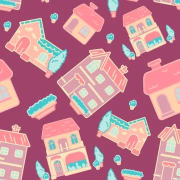 Elegant cottages seamless pattern on violet backdrop stock vector illustratio Stock Illustration