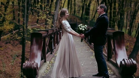 Elegant couple standing on the bridge holding hands, kissing 库存影片 74399485