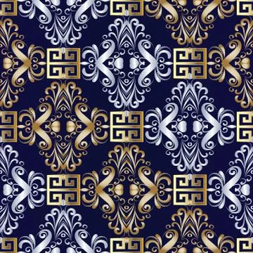 Elegant damask seamless pattern. Floral dark blue vector meander background.  Stock Illustration