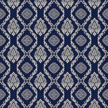Elegant damask seamless pattern in royal blue and beige Illustrazione stock