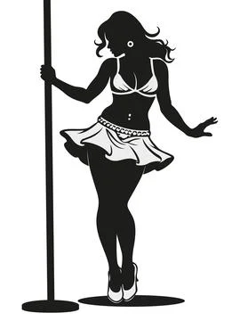 An elegant dancer playfully poses around a shimmering pole, embodying movemen Stock Illustration