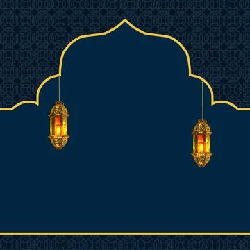 An elegant dark blue background featuring two glowing ornate lanterns hangi.. Stock Photos