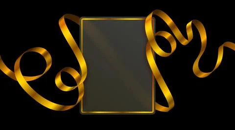 Elegant dark frame with golden border and flowing ribbons on a black background Stock Illustration