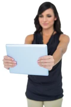 Elegant dark haired model looking at her tablet pc Stock Photos
