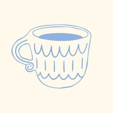 Elegant decorative ceramic coffee mug with ornamental handle. Hand drawn blue Illustration
