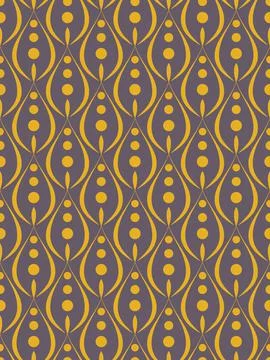 Elegant decorative geometric seamless pattern. Yellow line shapes, dots on grey Stock Illustration