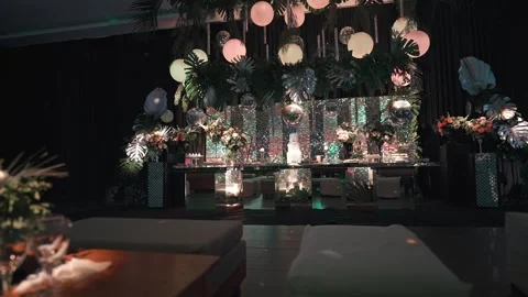 Elegant dessert table featuring a beautiful white cake with shimmering mirror 動画素材 331616087