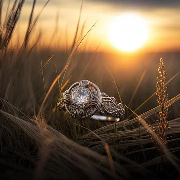 Elegant Diamond Ring with Wide setting in tall grass Stock Illustration