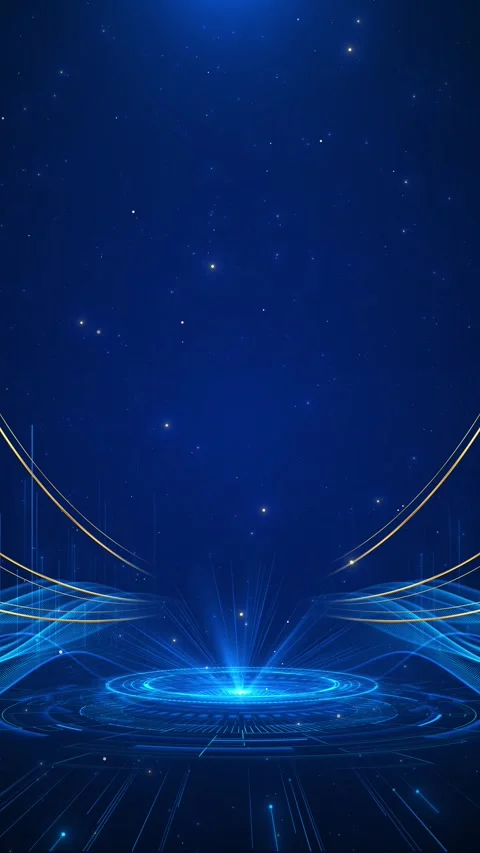 Elegant digital platform background blue light waves, golden circular arcs, data Stock Footage 340471053