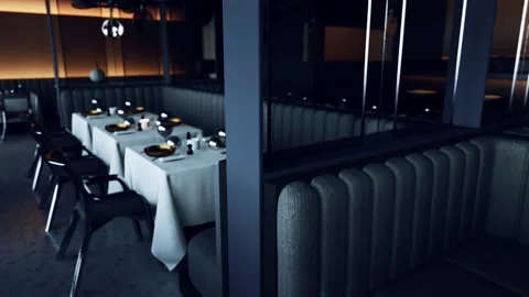 Elegant dining area of an empty restaurant with neatly arranged tables Stock Footage 303805459