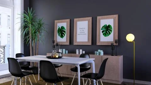 Elegant dining room 3d render design with three frame mockup 库存插图