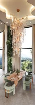 Elegant Dining Room featuring a Modern Chandelier and Scenic Views all around it 스톡 일러스트