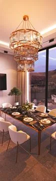 Elegant Dining Room Featuring a Modern Chandelier and a Scenic View Outside the 스톡 일러스트