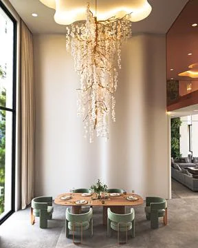 Elegant dining room featuring a unique chandeliers alongside modern decor Stock Illustration
