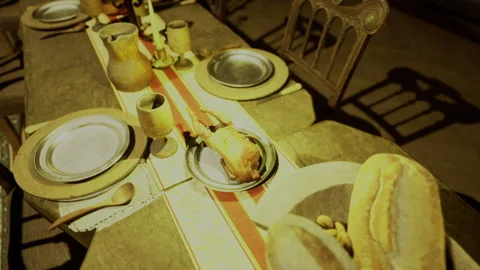 Elegant dining setup. Chic table display with textured runner and candlelight Stock Footage 330170920